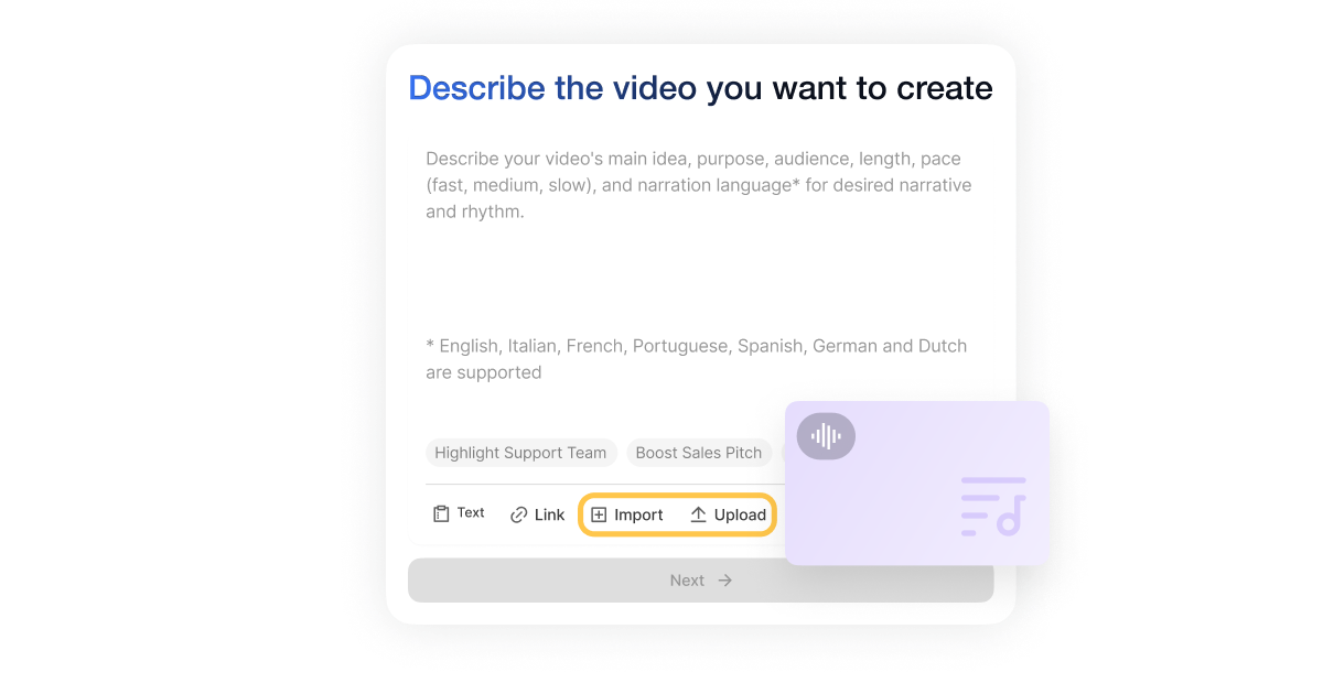 Upload your footage in Visla’s automatic video editor from your computer or workspace.